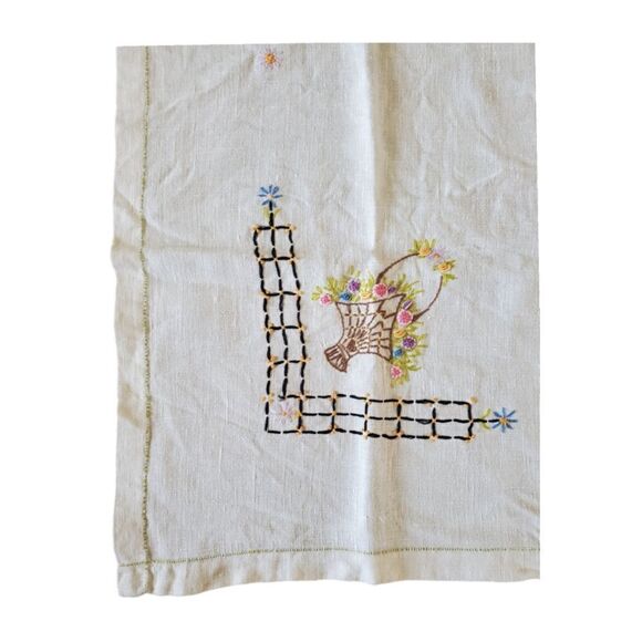 Vintage White Linen Hand Embroidered Floral Square Tablecloth 31" x 31" - Picture 4 of 5